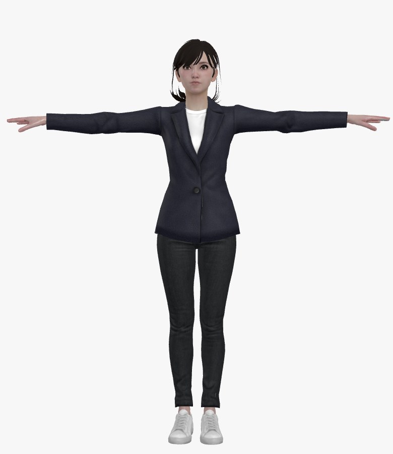 FBX 파일과 텍스처 33장을 브라우저에서 불러와 VRM으로 변환한 캐릭터. T포즈로 정렬되고 재킷·머리카락 텍스처까지 적용된 상태.