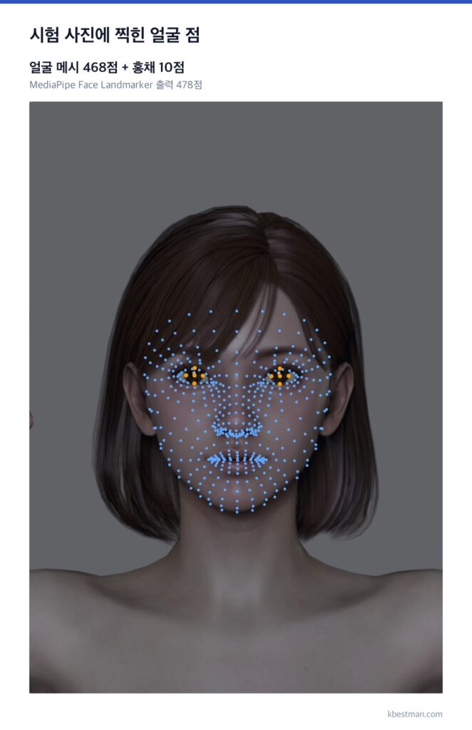 시험용 정면 얼굴 이미지 위에 MediaPipe Face Landmarker가 찍은 점 478개를 겹쳐 표시한 화면. 얼굴 메시 468점은 파랑, 홍채 10점은 주황